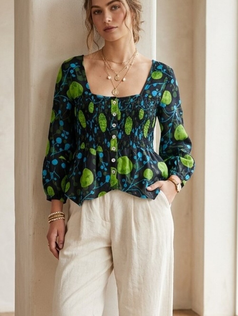 Nid d’abeilles Smocked Cotton Blouse Top Indie Psychedelic Print Size 4